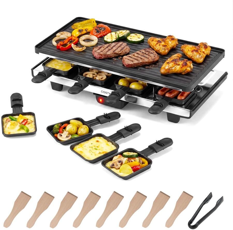 Costway Raclette-grill voor 8 personen elektrische grill met 2-in-1 omkeerbare anti-aanbakplaat en instelbare temperatuurregeling incl. 8 pannetjes 8 houten spatels en tang voor thuis en feestjes