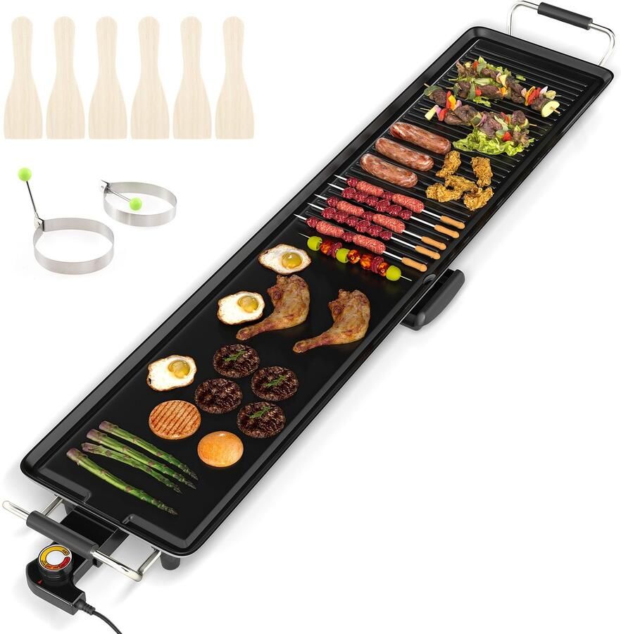 Costway Teppanyaki Grill 1800 W elektrische grillplaat anti-aanbaklaag tafelgrill met instelbare temperatuur thermostaat en vetopvangschaal elektrische grill voor binnen en buiten 100 cm