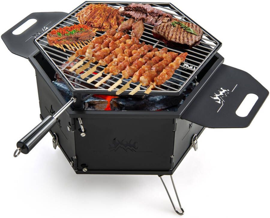 Costway Grote houtskoolgrill met 360° draaibare grill 2-in-1 vuurschaal klapgrill campinggrill met handgrepen voor koken en verwarmen voor feestjes camping backpacking 77 x 74 x 38 cm