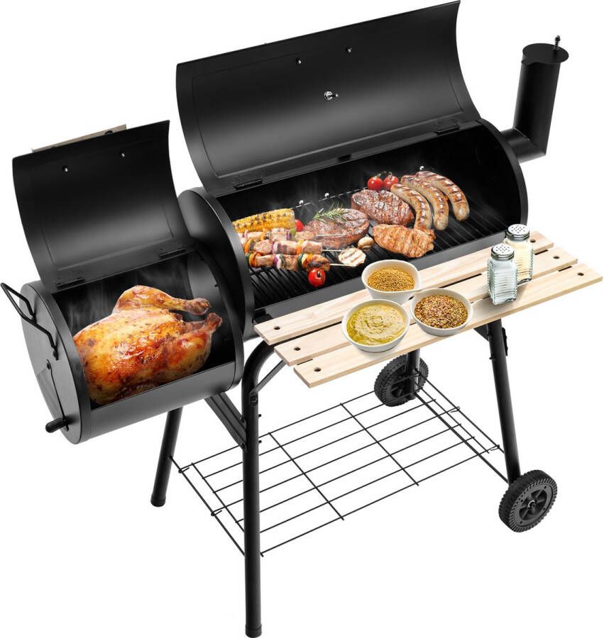 Costway Houtskoolgrill met deksel grillwagen met wielen zijvuurbox zijtafel plank houten handgrepen thermometer houtskoolgrill voor camping terras tuin