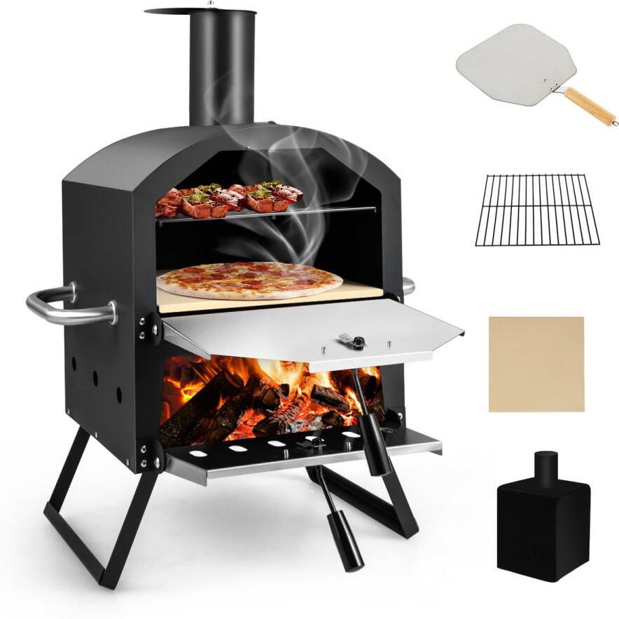 Costway Outdoor pizzaoven 2-laags pizzaoven met grillrooster pizzasteen pizzaschep waterdichte afdekking hittebestendige handgrepen en inklapbare poten voor picknick feest camping