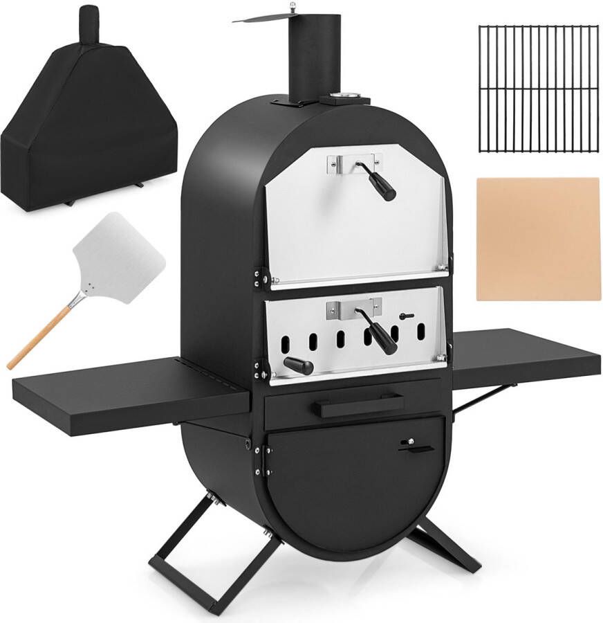 Costway Pizzaoven Outdoor Pizzaoven met zijplateaus grillrooster van roestvrij staal incl. 30 5 cm pizzasteen waterdichte afdekking pizzaschep voor tuin camping