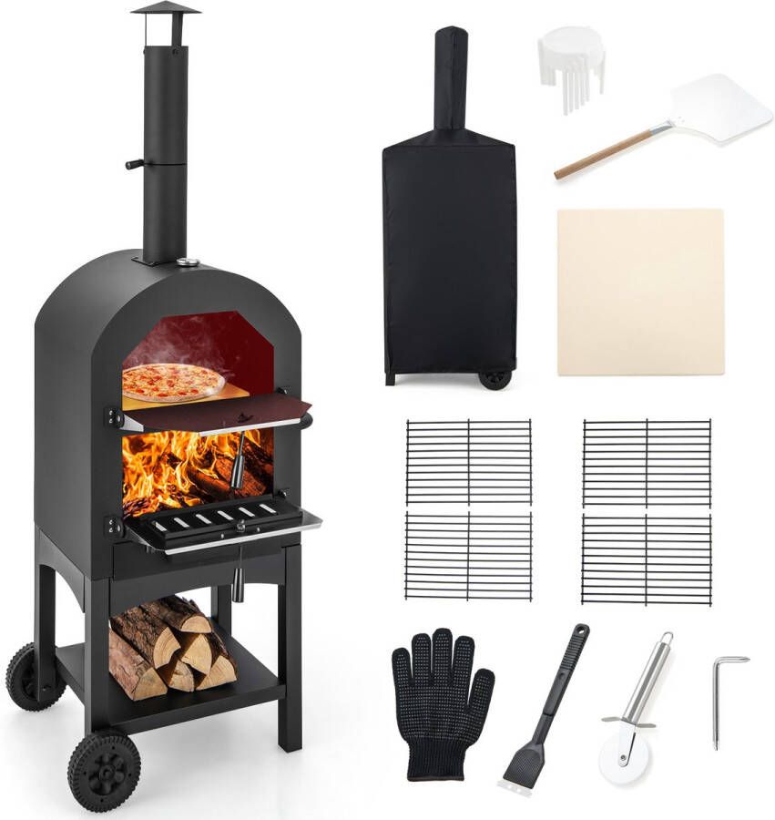 Costway Pizzaoven voor buiten houtgestookte pizzaoven met ingebouwde thermometer praktische handgreep wielen waterdichte afdekking en asopvanglade