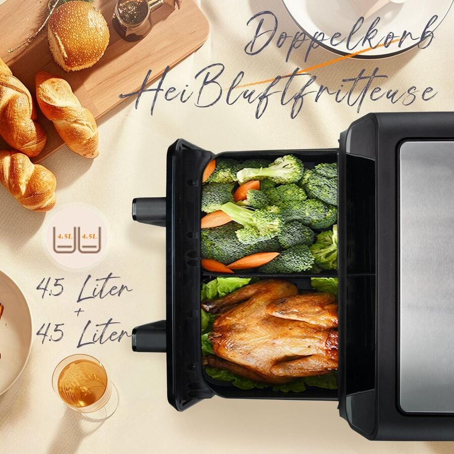 COVREO Airfryer 35 x 26 x 32 cm zwart 9L dubbelkamer 2200W met zichtvenster - Foto 2