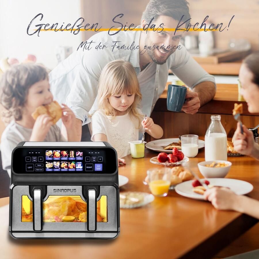COVREO Airfryer 35 x 26 x 32 cm zwart 9L dubbelkamer 2200W met zichtvenster