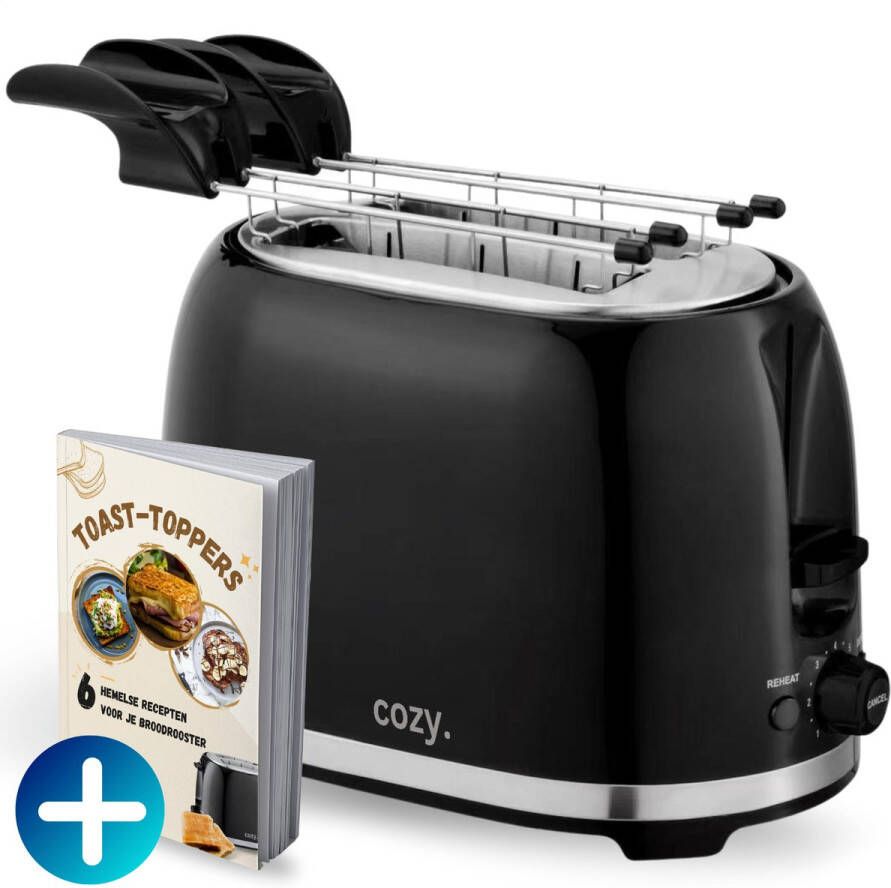 Cozy. Broodrooster met Tostiklemmen Max 2025 Tosti Apparaat 850W Tosti Ijzer & Toaster Broodrooster Retro Brede Sleuven & 7 Standen Ontdooi & Verwarm functie Incl. E-book Zwart