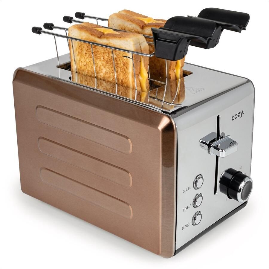 Cozy. Metalen Broodrooster met Tostiklemmen Tosti Apparaat 815W Retro Tosti Ijzer & Toaster Brede Sleuven & 6 Standen Ontdooi & Verwarm functie Inclusief E-book Rosé Goud