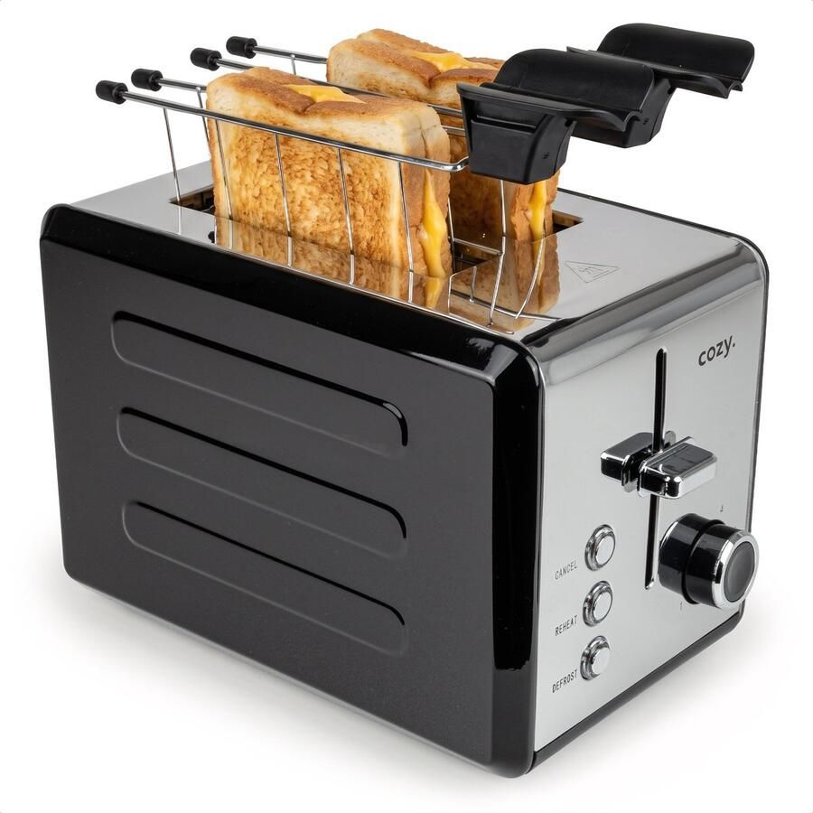 Cozy. Metalen Broodrooster met Tostiklemmen Tosti Apparaat 815W Retro Tosti Ijzer & Toaster Brede Sleuven & 6 Standen Ontdooi & Verwarm functie Inclusief E-book Broodrooster Zwart