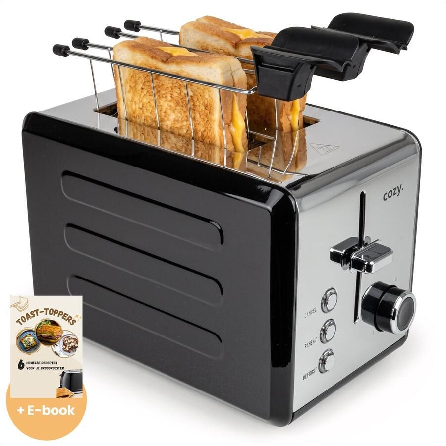Cozy. Metalen Broodrooster met Tostiklemmen Tosti Apparaat 815W Retro Tosti Ijzer & Toaster Brede Sleuven & 6 Standen Ontdooi & Verwarm functie Inclusief E-book Broodrooster Zwart