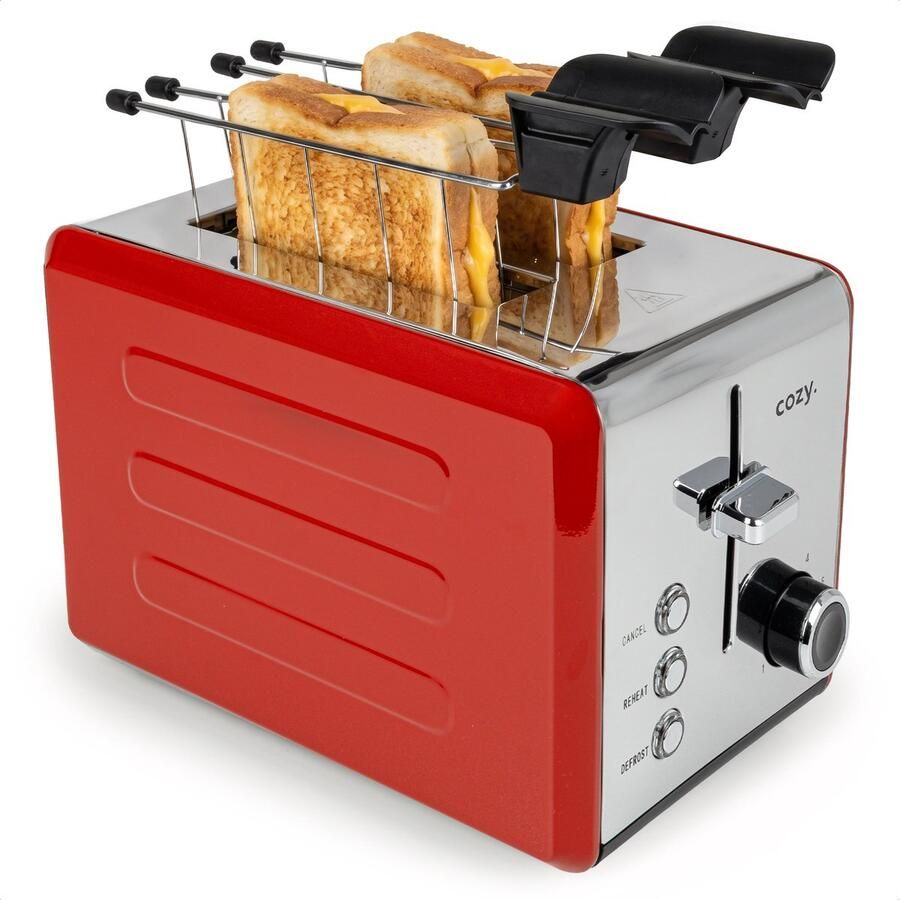 Cozy. Metalen Broodrooster met Tostiklemmen Tosti Apparaat 850W Retro Tosti Ijzer & Toaster Brede Sleuven & 6 Standen Ontdooi & Verwarm functie Inclusief E-book Broodrooster Rood