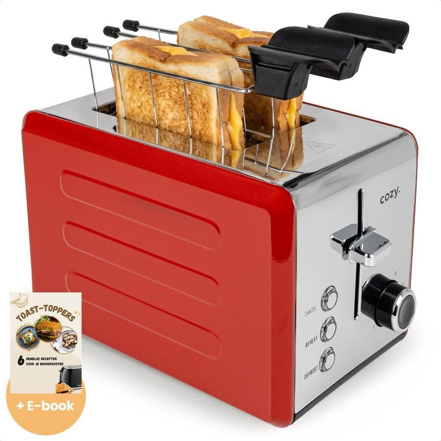 Cozy. Metalen Broodrooster met Tostiklemmen Tosti Apparaat 850W Retro Tosti Ijzer & Toaster Brede Sleuven & 6 Standen Ontdooi & Verwarm functie Inclusief E-book Broodrooster Rood