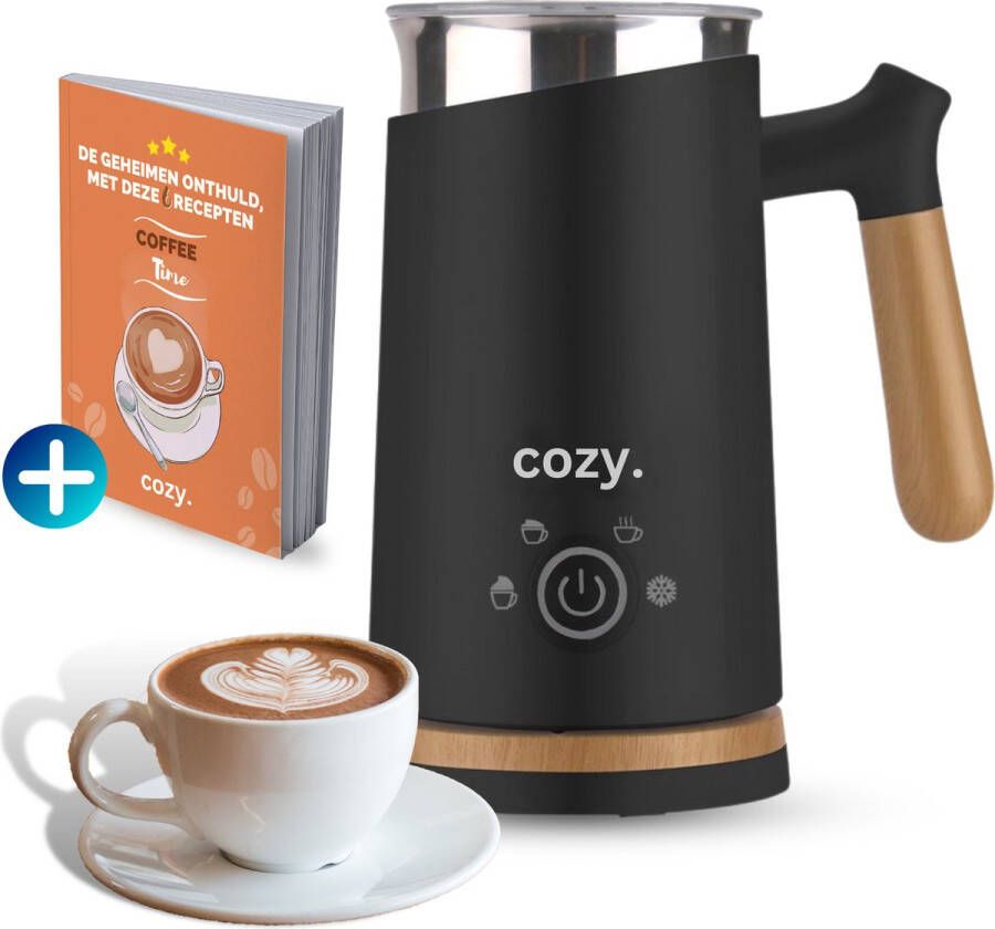 Cozy. Premium Melkopschuimer Electrisch Melkklopper 4-in-1 Melkschuimer Milk Frother Opschuimer Koffie accesoires Incl. E-Book Mat Zwart en Hout