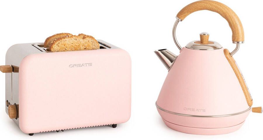 Create PACK TOAST RETRO Broodrooster + KETTLE RETRO dikke sneetjes- 1 7 liter- 6 vermogensniveaus Pastel Roze