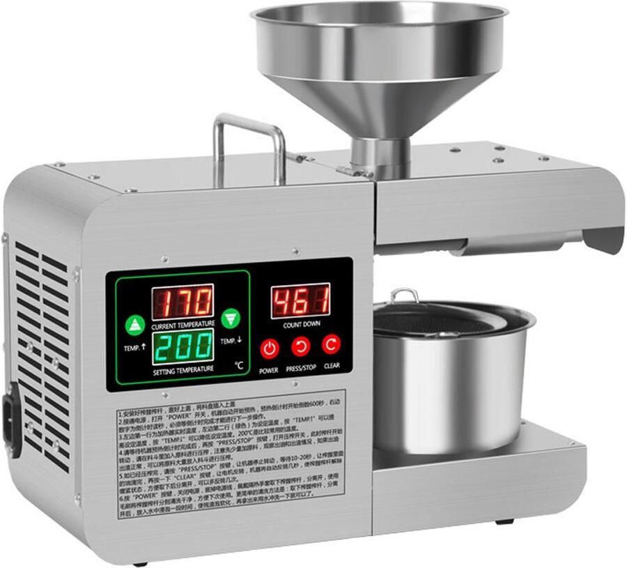 Creatorally Elektrische oliepersmachine met groot digitaal kleurendisplay voor thuis keuken en andere toepassingen. Intelligente roestvrijstalen elektrische oliepersmachine