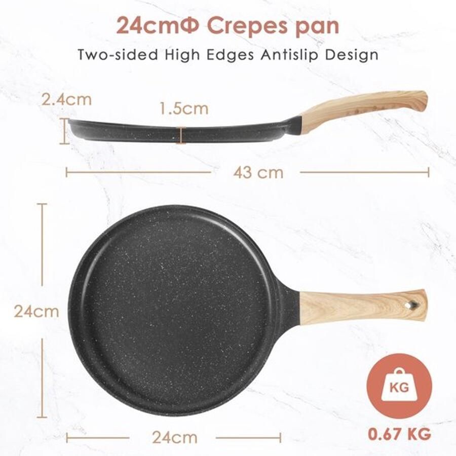 Crêpe pan pannenkoekenpan met antiaanbaklaag incl. houten spatel & mini-pannenschep pannenkoekenpan omeletpan PFOA-vrij geschikt voor ALLE soorten fornuizen crêpes maker (24cm)