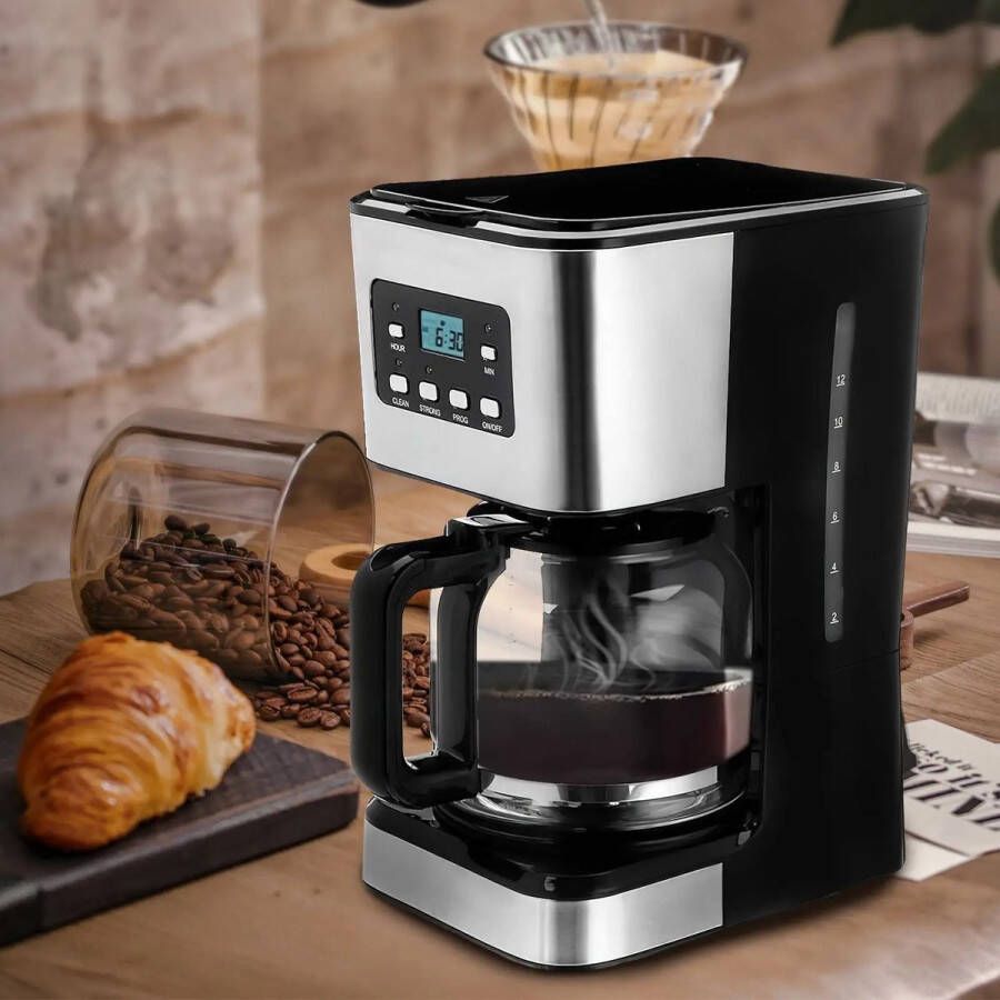 Cs Koffiezetapparaat- Koffiezetapparaat filterkoffie- Filterkoffie- 12 kopjes- Zwart- Met touch display- Met glazen kan- Zilver\Zwart- RVS- Timer- Permanente koffiefilter- 950 W