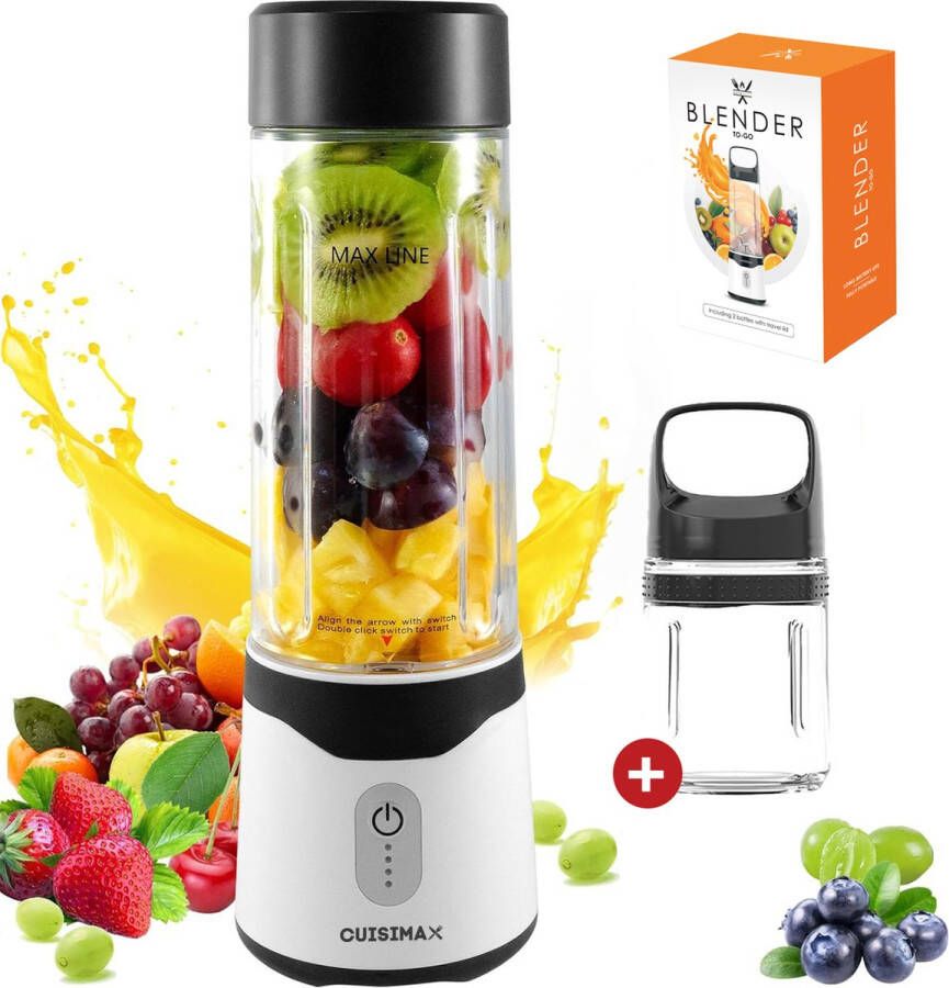 Cuisimax Blender to go met 2 Drinkflessen Draadloos 550ML Smoothie maker Draagbare blender Oplaadbare mini blender