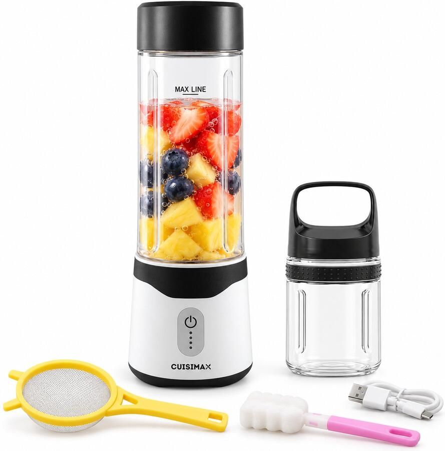 Cuisimax Blender To Go met 2 Drinkflessen – Draadloze Smoothie Maker 550ml – Oplaadbare Mini Blender – 250W – 6 RVS Messen