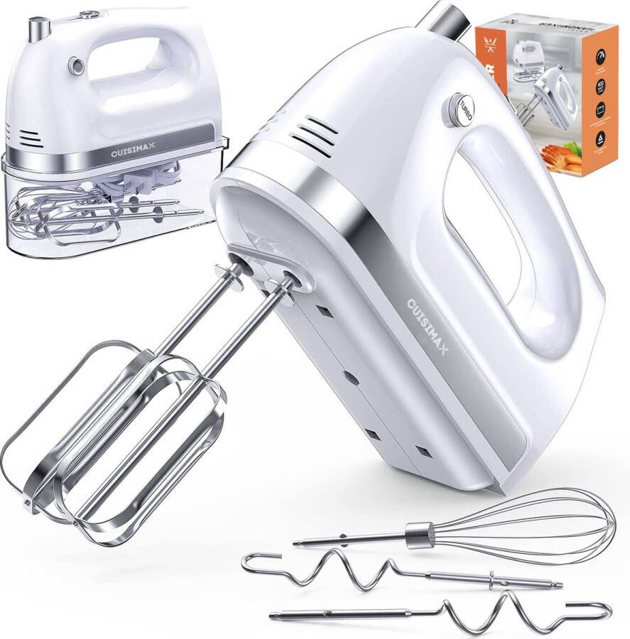 Cuisimax Handmixer met Opbergbak 5 Snelheden + Turbo 5 RVS-opzetstukken Klopgardes Kneedhaken en Ballongarde Compacte mixer Keukenmachine