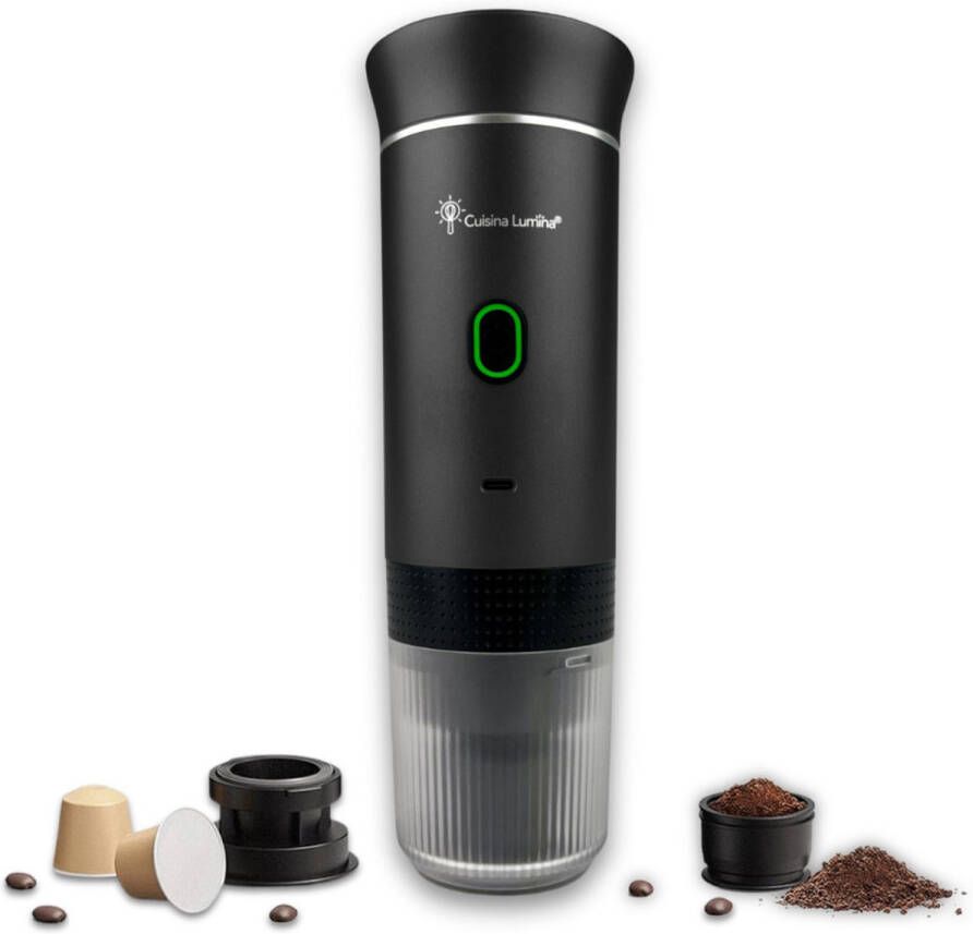 Cuisina Lumina Draagbare koffiemachine Cuisina Lumina Hoogwaardige kwaliteit 120 ML Voor onderweg Draagbaar koffiezetapparaat Camping gadget Oplaadbaar Verwarmt water Koffiecups & gemalen koffie Espresso & Lungo Matte zwart