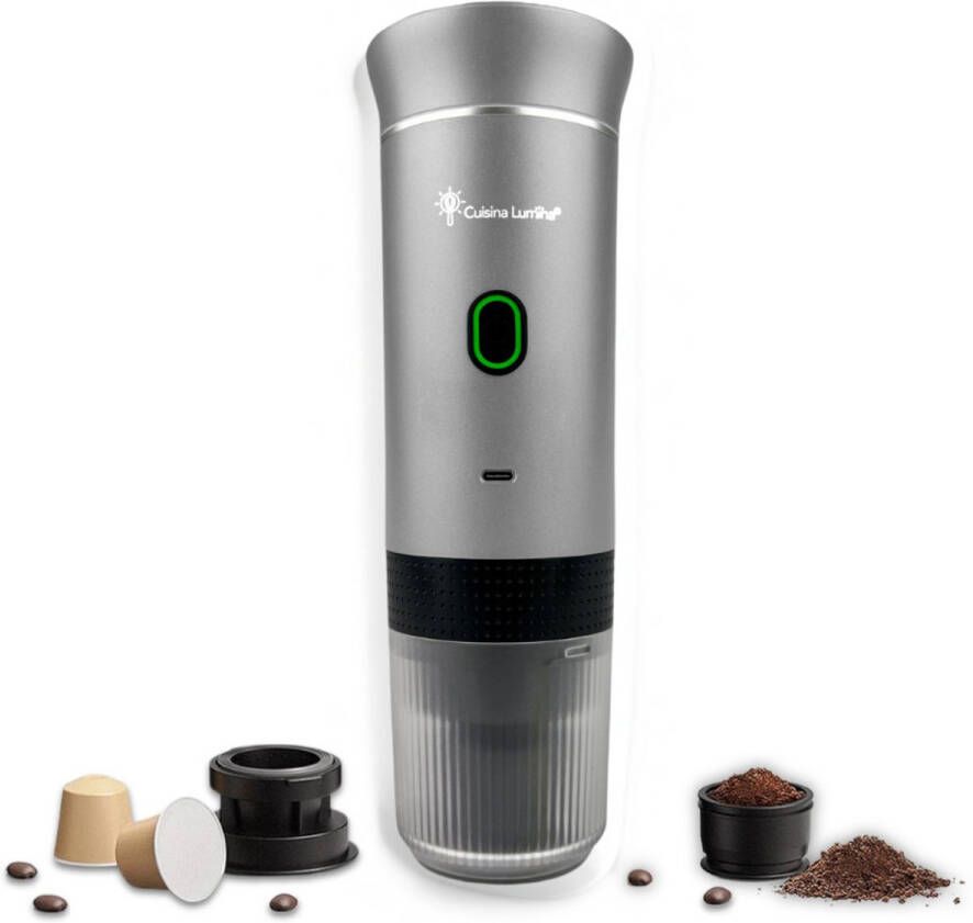 Cuisina Lumina Draagbare koffiemachine Cuisina Lumina Hoogwaardige kwaliteit 120 ML Voor onderweg Draagbaar koffiezetapparaat Camping gadget Oplaadbaar Verwarmt water Koffiecups & gemalen koffie Espresso & Lungo Matte lichtgrijs