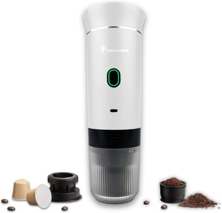 Cuisina Lumina Draagbare koffiemachine Cuisina Lumina Hoogwaardige kwaliteit 120 ML Voor onderweg Draagbaar koffiezetapparaat Camping gadget Oplaadbaar Verwarmt water Koffiecups & gemalen koffie Espresso & Lungo Wit