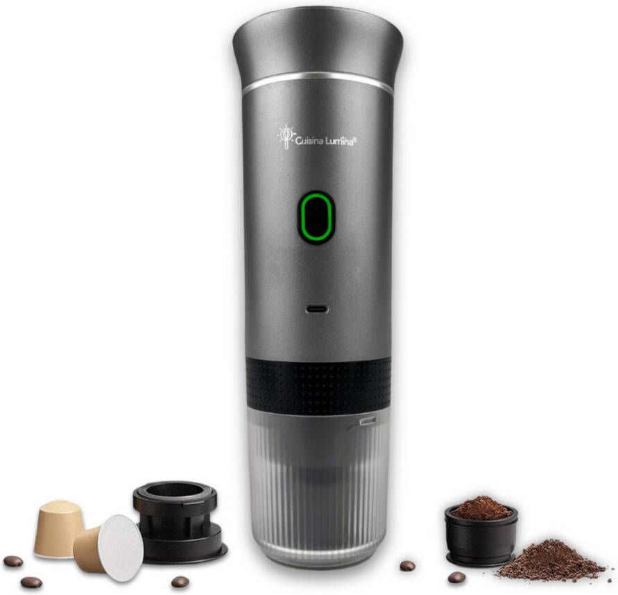 Cuisina Lumina Draagbare koffiemachine Cuisina Lumina Hoogwaardige kwaliteit 120 ML Voor onderweg Draagbaar koffiezetapparaat Camping gadget Oplaadbaar Verwarmt water Koffiecups & gemalen koffie Espresso & Lungo Matte donkergrijs