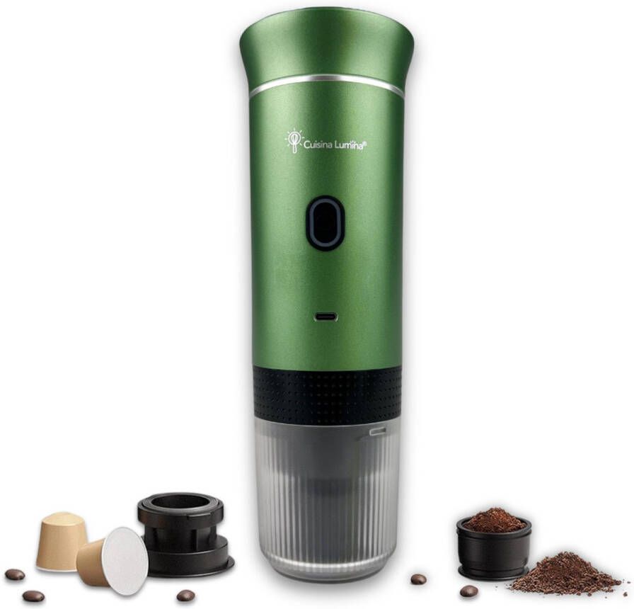 Cuisina Lumina Draagbare koffiemachine Cuisina Lumina Hoogwaardige kwaliteit 120 ML Voor onderweg Draagbaar koffiezetapparaat Camping gadget Oplaadbaar Verwarmt water Koffiecups & gemalen koffie Espresso & Lungo Matte groen