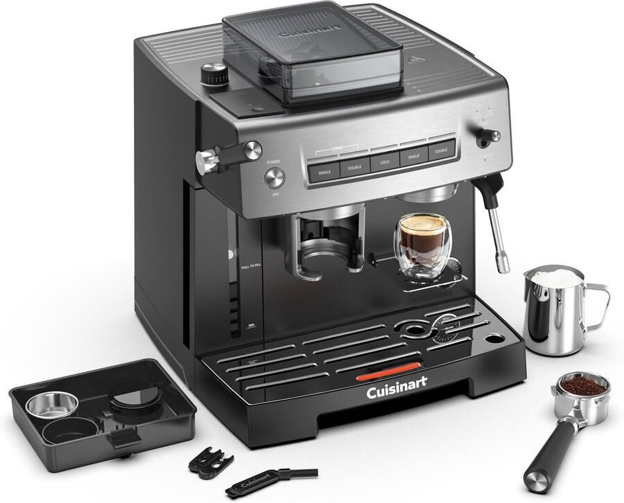 Cuisinart Espresso Machine Grind Tamp and Brew Met ingebouwde Koffiemolen 20 Bar Druk Iced Coffee Functie 2 2L Waterreservoir Zilver Zwart