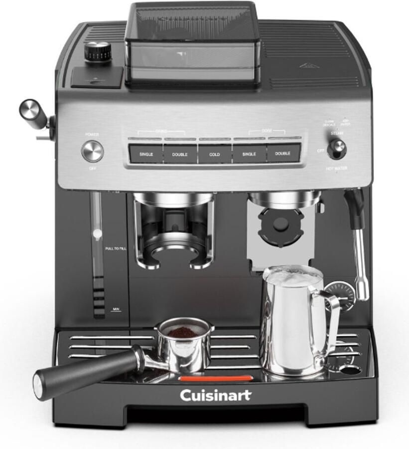 Cuisinart Espresso Machine Grind Tamp and Brew Met ingebouwde Koffiemolen 20 Bar Druk Iced Coffee Functie 2 2L Waterreservoir Zilver Zwart