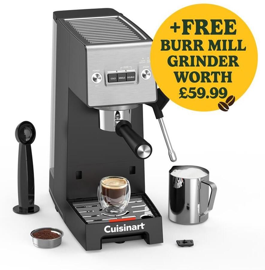Cuisinart Slim Espresso Pistonmachine voor Espresso Americano en Cold Brew met Geïntegreerde melkopschuimer voor Latte en Cappuccino 15 bar druk bodemloze portafilter Compact design geschikt voor reismokken 1.5L waterreservoir