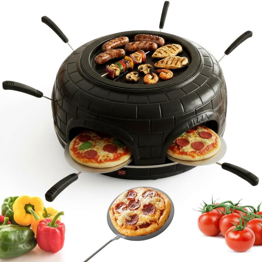 Cuisine King CuisineKing 3-in-1 Pizza Grill Oven G1 6 Personen Raclette Grill en Pizzaoven Handgemaakte Terracotta Koepel Gourmetstel Incl. 6 Spatels en deegvorm