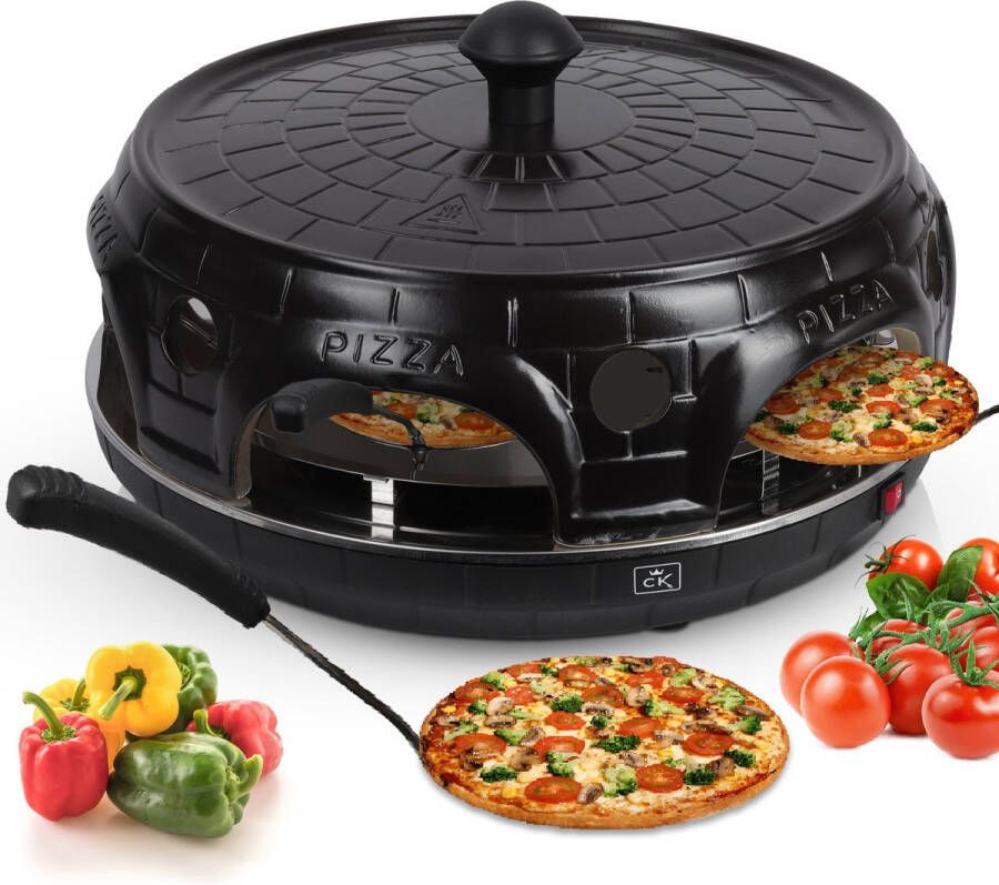 Cuisineking Pizza Oven Black Edition 6 Personen Handgemaakte Terracotta Koepel RVS bakplaat 1100 Watt Pizzaovens Incl. 6 Spatels en deegvorm