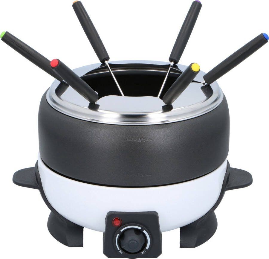Cuisinier Deluxe Fondueset Elektrisch 800W – Fonduepan 2L voor 6 Personen Geschikt voor Kaasfondue en Chocolade Fondue – Incl. Fonduevorken – Instelbare Temperatuur – RVS met Antiaanbaklaag