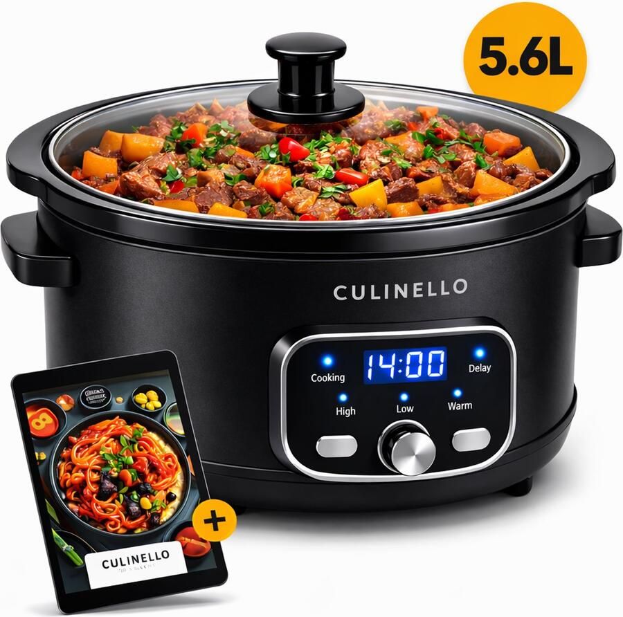 Culinello Digitale Slowcooker met Timer – 5.6 Liter – Incl. Digitaal Slowcooker Kookboek – Uitstelbare Timer – Programmeerbare Timer – Multicooker – Rice cooker – Rijstkoker – Slow Cooker – Uitneembare Keramische Binnenpan – 3 Warmtestanden – Zwart