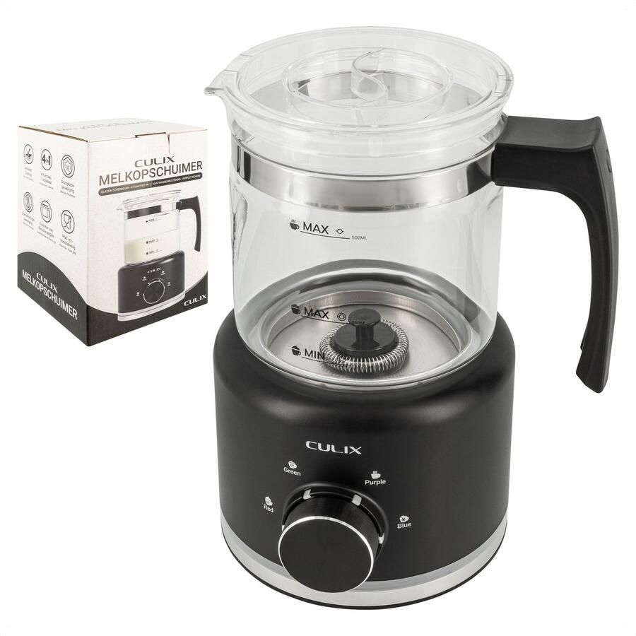 Culix Glazen Melkopschuimer – PFAS-vrij – Borosilicaat Glas – Elektrische Melkopschuimer – Vaatwasserbestendig – 4 Programma s – Koud & Warm Schuimen – 500 ML – Zwart