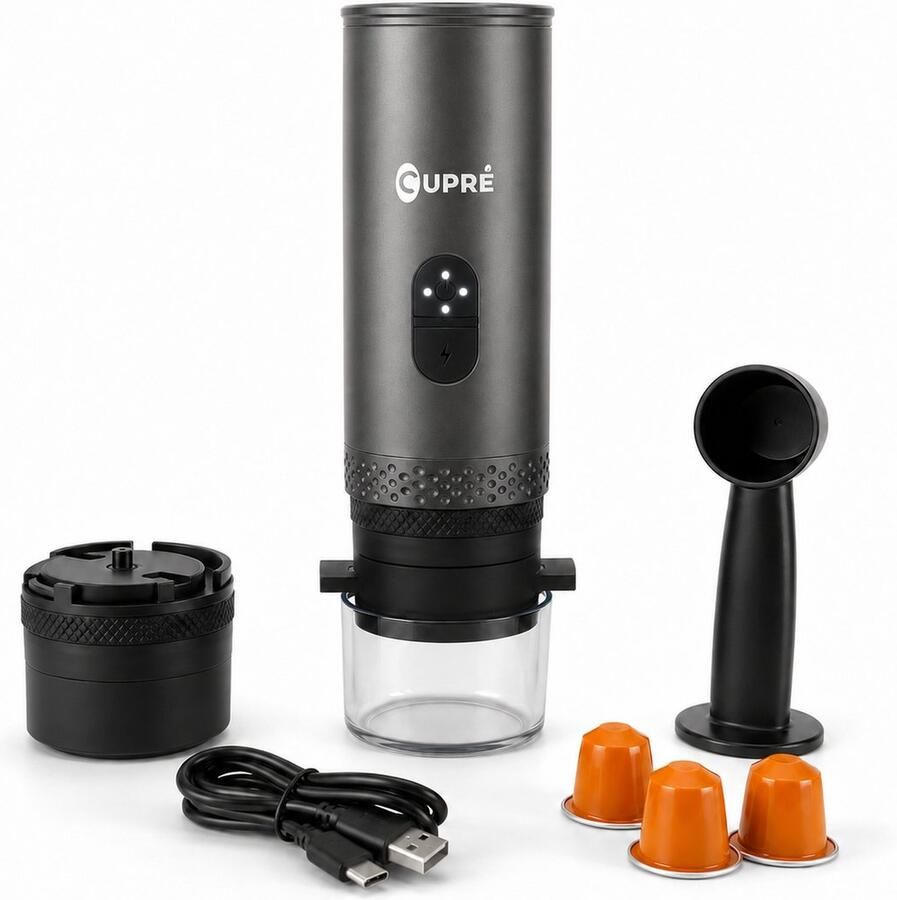 Cupré Draagbare Espressomachine 20 Bar Oplaadbaar Capsules & Gemalen Koffie 100ml Lungo & Espresso