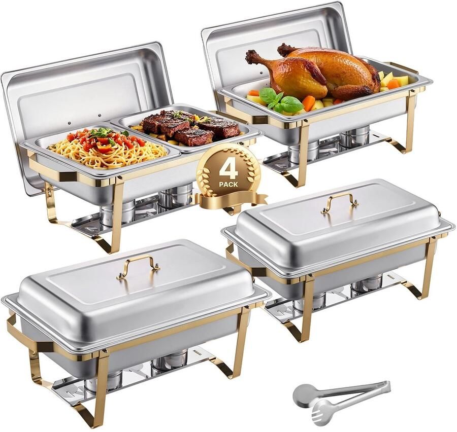 DailyDamaar buffetwarmer Warmhoudbakken Voedselverwarmer Cateringschaal Roestvrijstaal 62x35x33cm 4 stuks Goud Zilver