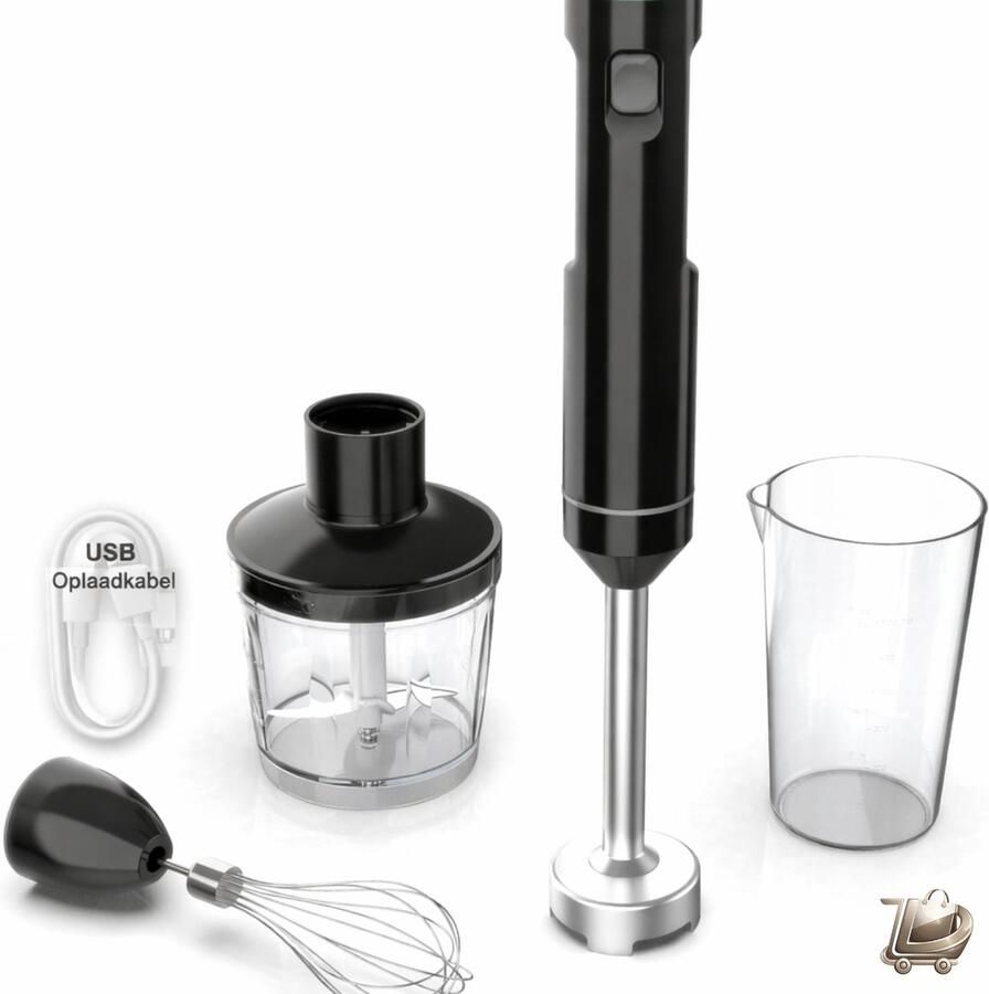 Dailysimple Draadloze Handblender Variabele Snelheid Oplaadbaar met Type-C Kabel 500ml Hakmolen 600ml Mengbeker Ei Klopper Voor Smoothies Babyvoeding en Soep Zwart