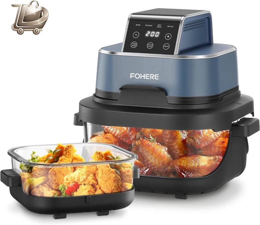 Dailysimple Draagbare Heteluchtfriteuse Set 4 in 1 Bakken Recrisp & Max Crisp 4L & 1 5L 6 Porties Compact 2 Afneembare Glazen Trays & Deksel Blauw