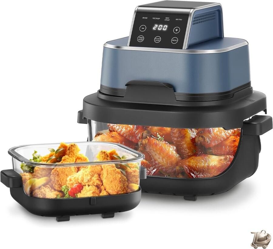 Dailysimple Draagbare Heteluchtfriteuse Set 4 in 1 Bakken Recrisp & Max Crisp 4L & 1 5L 6 Porties Compact 2 Afneembare Glazen Trays & Deksel Blauw