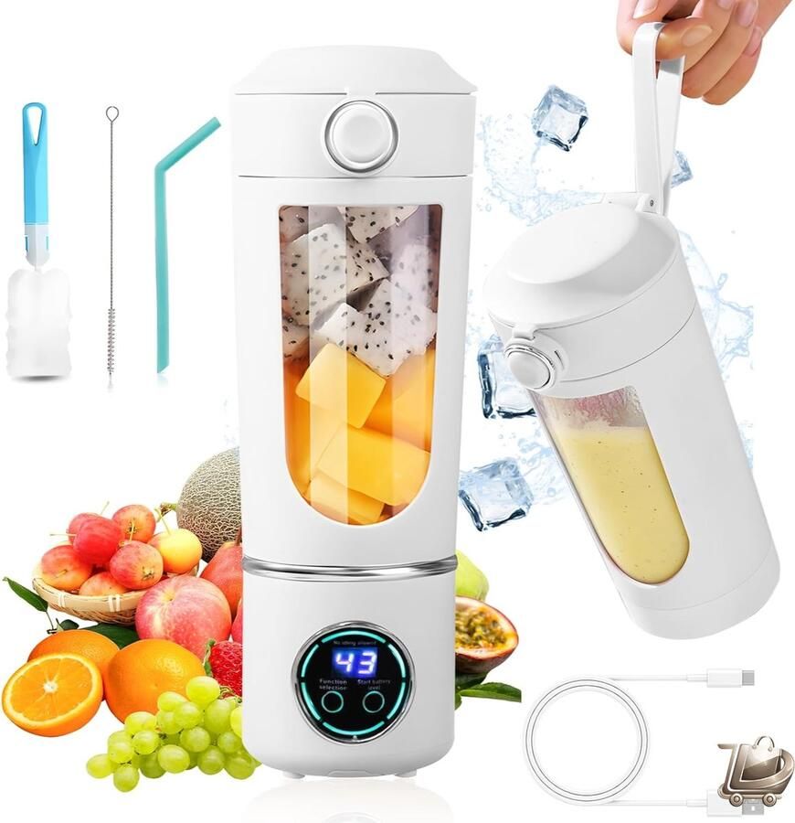 Dailysimple Draagbare Mini Blender Smoothie Maker en Kleine Juicer 12 RVS Mesjes Digitale Display Silicone Rietje Type C Oplaadbaar 700ml Shake Mixer Wit