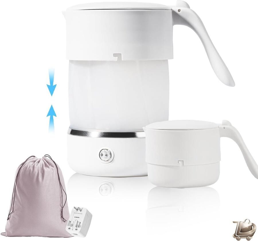 Dailysimple Opvouwbare Elektrische Reisketel 500ml Siliconen Waterkoker Warmt Snel Thee en Water Dubbel Voltage Wit RVS Bodem Compact en Draagbaar voor Reizen