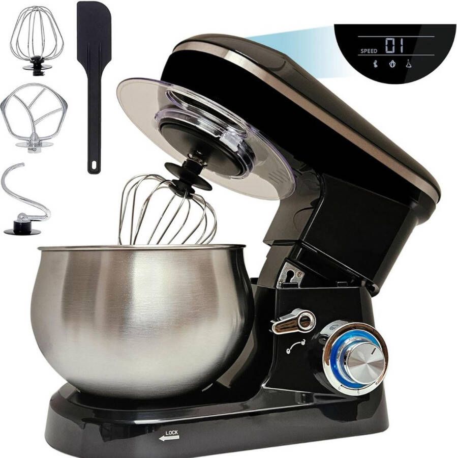 DailySupplies Luxe Deegmachine met Spatbescherming Deegmachine voor Zwaar Deeg Met Deeghaak en Garde Kneedmachine Keukenmachine Zilver met Zwart