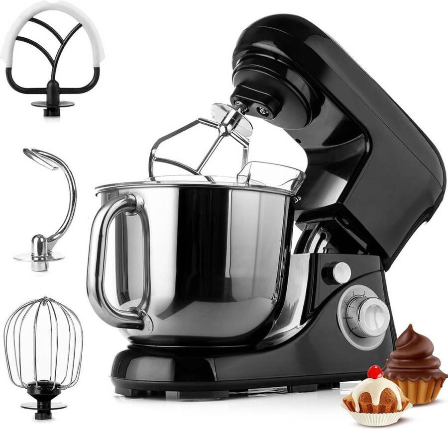 DailySupplies Luxe Deegmachine met Spatbescherming Deegmachine voor Zwaar Deeg Met Deeghaak en Garde Kneedmachine Keukenmachine Deegmixer met 6 Standen Zwart