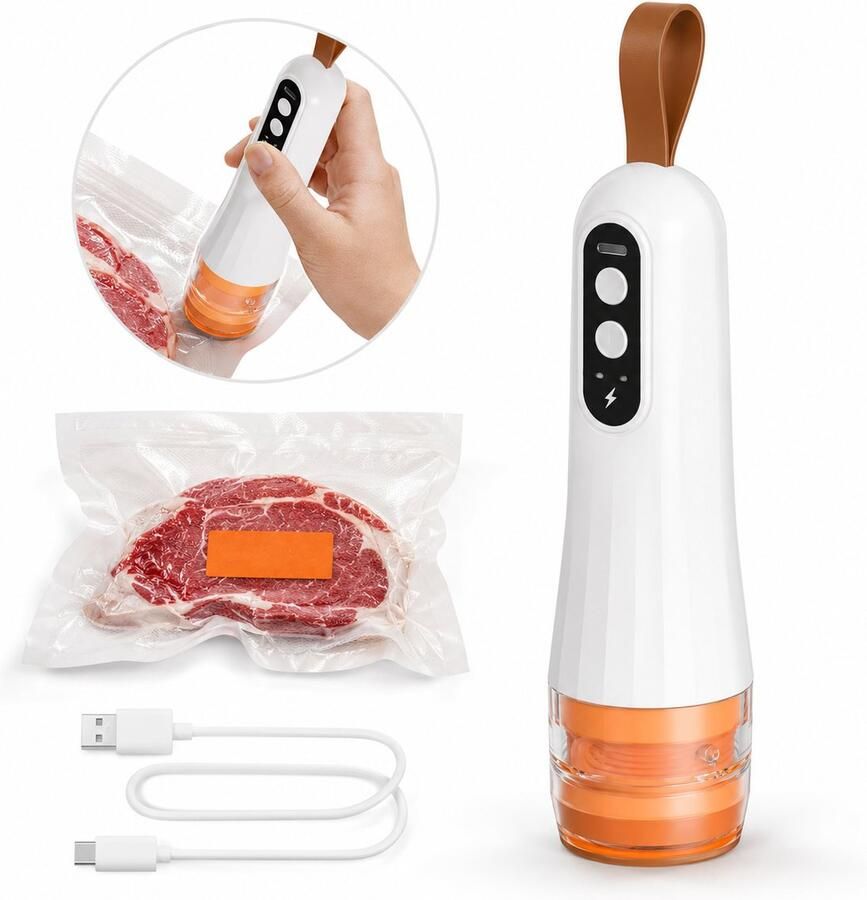 Daity 1 stuk Vacuümsealer Draagbaar apparaat voor voedselconservering (-60 kPa) – 1200 mAh-accu oplaadbaar via USB compacte vacuümsealer inclusief herbruikbare zakken voor het verpakken van droge en vochtige snacks – Keuken
