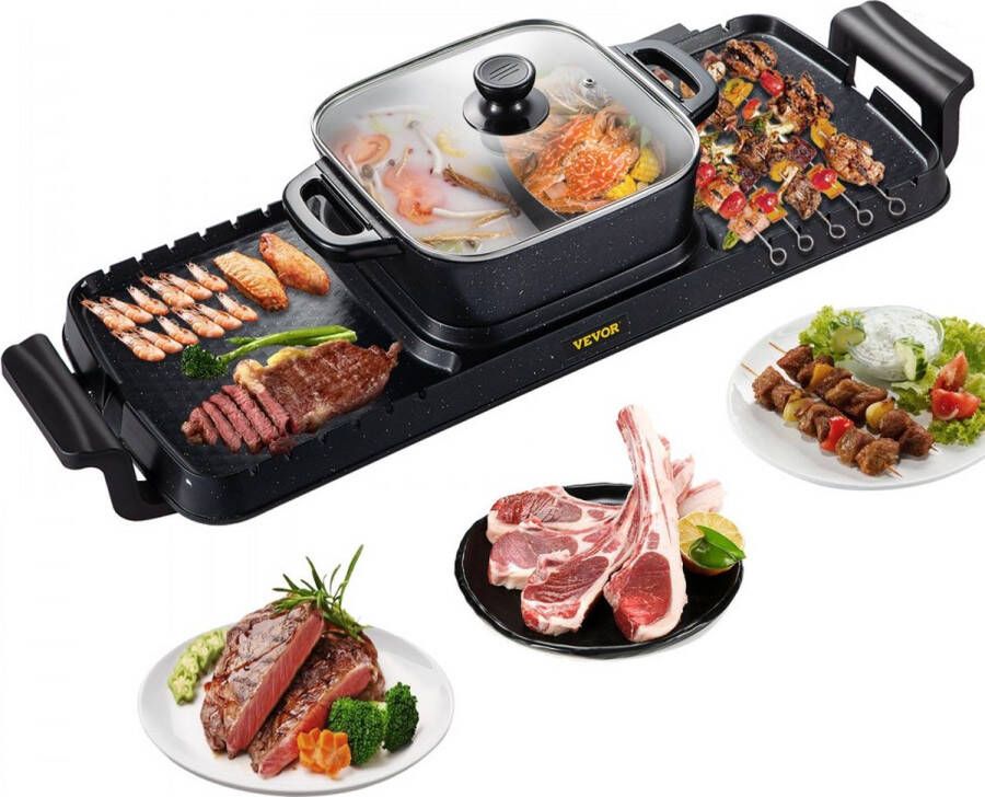 Dakta 2 in 1 BBQ Grill Hete Pot 2400W Multifunction Elektrische Grill Hot Pot 73 5x26 5x19 cm Grill Indoor Hot Pot van Gegoten Aluminium en Gehard Glas met Dubbele Temperatuurregeling voor Thuis Koken