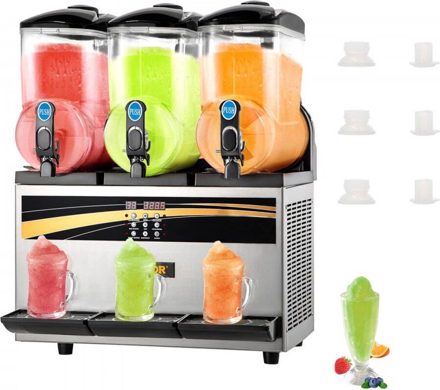 Dakta commerciële slush-ijsmachine 3 x 15 l slush-ijsmachine 800 W 220 V slush-ijsmachine slush-apparaat 63 x 45 x 80 cm slushy-maker 2 modi Intelligent LED-bedieningspaneel Slushy-maker