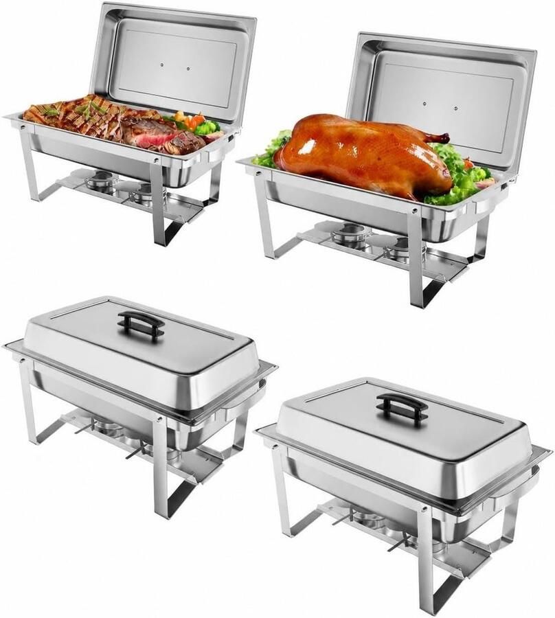 Danky Chafing Dish Set van 4 9 Liter Rechthoekige RVS Buffet Warmhouders Spiegelglans Warmhoudschaal voor Catering Bruiloft Feest & Horeca Voedselveilig met Brandpastahouders