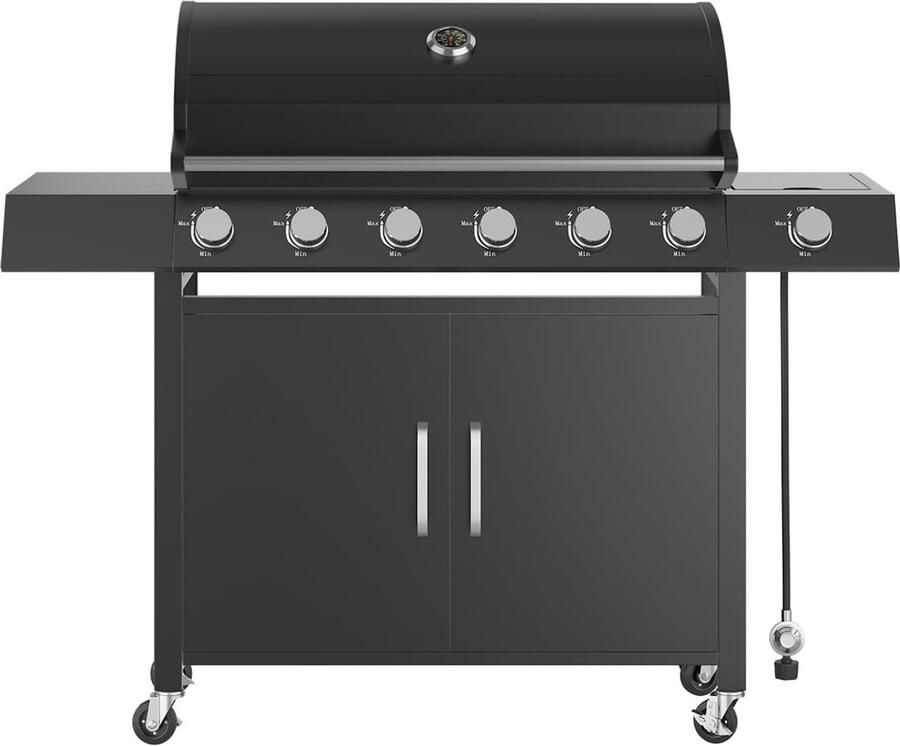 Danky Outdoor Propaan Gas Barbecue – 7 Branders (6+1) 60.000 BTU – RVS Buiten Grill met Zijbrander 12.000 BTU Verrijdbaar met Opbergkast Warmhoudrek & Geïntegreerde Vetopvang – Voor Tuin Terras & Balkon